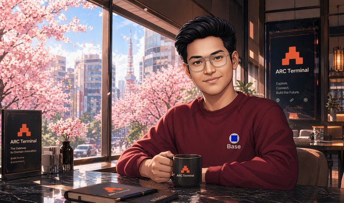 An illustrated promotional image of a young man in a maroon sweatshirt with a 'Base' logo, sitting at a desk with 'ARC Terminal' branding and cherry blossoms and Tokyo Tower visible through the window behind him.