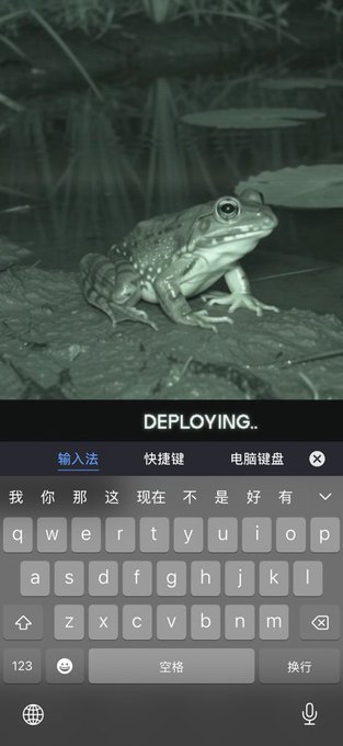 A night-vision-style photo of a frog sitting on a log above a dark pond, overlaid with an iOS keyboard in Chinese (输入法) and a 'DEPLOYING..' text banner.