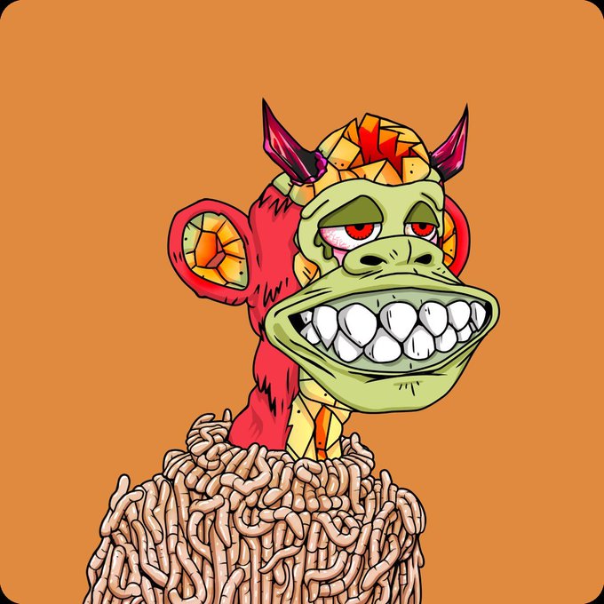 The image features an anthropomorphized monkey with a face painted on its head, wearing a hat and holding a bunch of worms in its hands. The monkey appears to be smiling and has a happy expression. The post reads "Happy Thursday Morning Fam Is Ape follow Ape still a thing? Drop your BAYC profile link and Let'S follow each other, Apes together strong bayc.com/btcperksia". This post seems to be promoting the idea of following the monkey as a symbol for following one's passions or interests, regardless of age or background.