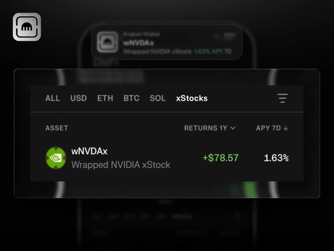 A dark-themed crypto wallet interface showing xStocks returns, displaying wNVDAx (Wrapped NVIDIA xStock) with 1-year returns of +$78.57 and 7-day APY of 1.63%, with filter tabs for ALL, USD, ETH, BTC, SOL, and xStocks.