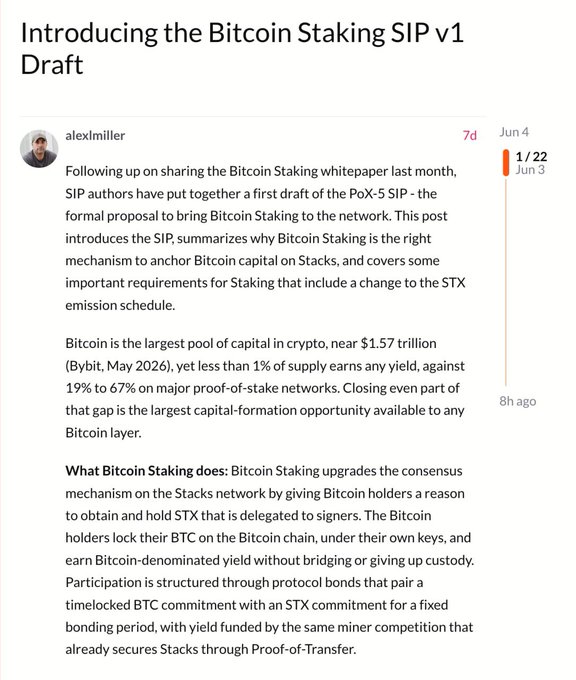 The image shows a screenshot of a webpage with text that reads "Introducing the Bitcoin Staking IP v1 Draft". The text also includes a list of numbers, which could be related to the draft or some other information about Bitcoin.