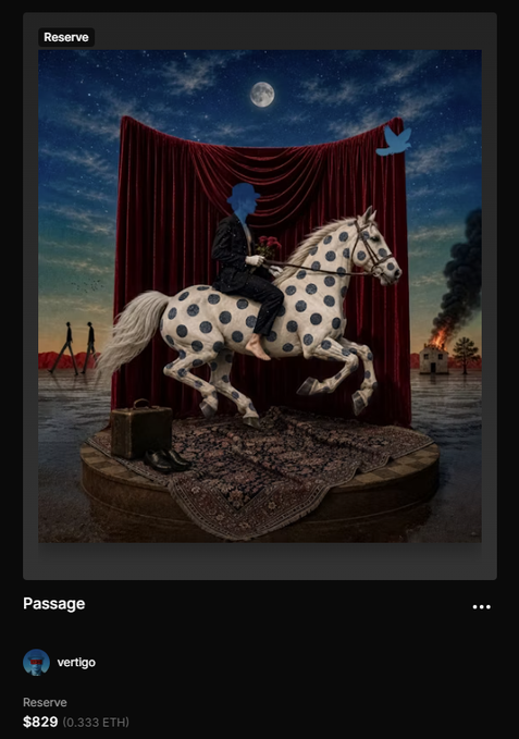 A surreal digital artwork titled 'Passage' by 'vertigo' showing a figure riding a polka-dot horse against a red curtain, priced at $829 (0.333 ETH) as an NFT.