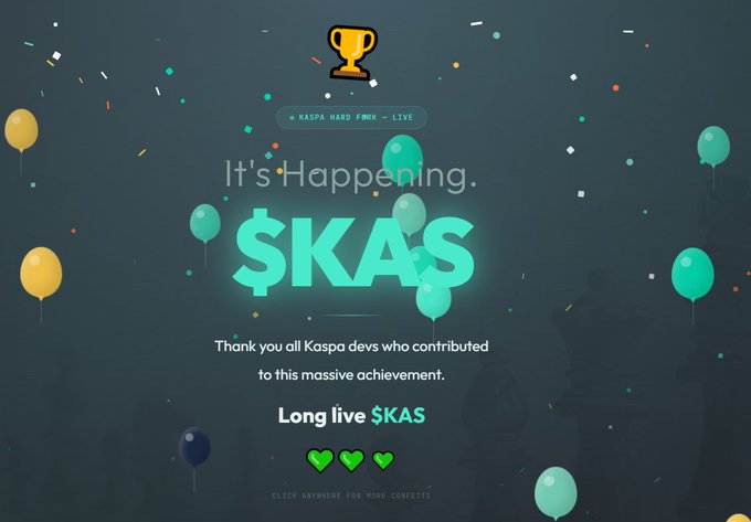 A celebratory graphic featuring balloons, confetti, and a trophy reads "It's Happening. $KAS — Kaspa Hard Fork — Live," thanking all Kaspa devs for their contributions to the successful Toccata hard fork activation on the Kaspa mainnet, with the message "Long live $KAS."