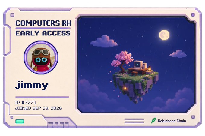 A pixel art-style digital card displays 'COMPUTERS RH EARLY ACCESS' for user 'jimmy' with ID #3271, featuring an avatar and a floating island scene with a tree and retro computer.