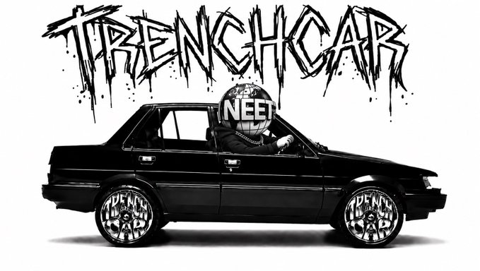 The image shows a black sedan with a character wearing a "NEET" branded helmet and shirt driving it, beneath the stylized graffiti-style text "TRENCHCAR." This promotional artwork supports the accompanying post announcing a collaboration between $TCAR and $NEET, welcoming @neet_sol and directing viewers to trenchcar.com.