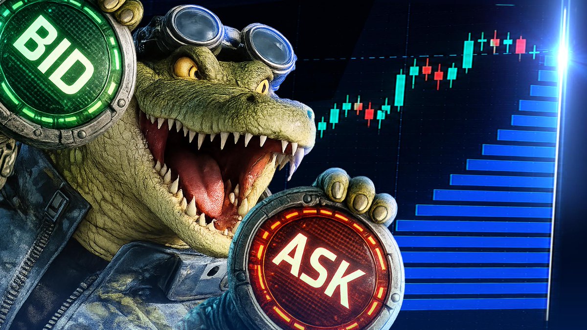 An aggressive crocodile wearing goggles holds up large illuminated BID (green) and ASK (red) buttons in front of a stock chart showing candlestick patterns and an ascending bar graph.