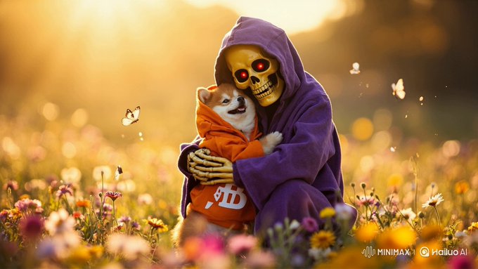 An AI-generated image (MiniMax/Hailuo AI) showing a hooded skeleton with glowing red eyes hugging a smiling Shiba Inu dog in a sunlit field of wildflowers.