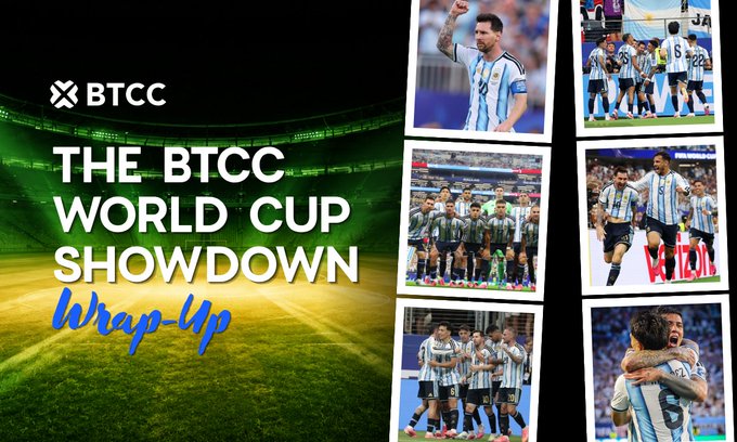 The image is a promotional graphic for "THE BTCC WORLD CUP SHOWDOWN Wrap-Up," featuring the BTCC logo and a collage of six photos showing Argentina soccer players in their iconic blue and white striped jerseys celebrating on the pitch. It accompanies a post celebrating BTCC's 2026 Argentina World Cup campaign, which had 80k+ traders and 690,000 USDT in prizes, with rewards now being distributed and a 15th Anniversary Messi-signed jersey giveaway coming soon.