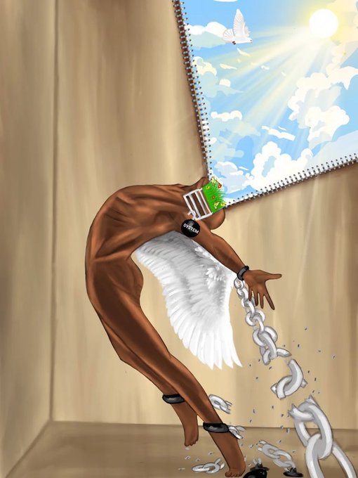A surreal digital illustration depicts a brown-skinned figure with white wings breaking through a zipper in a beige canvas, revealing a bright sky with a dove and sun, while chains shatter at their feet.
