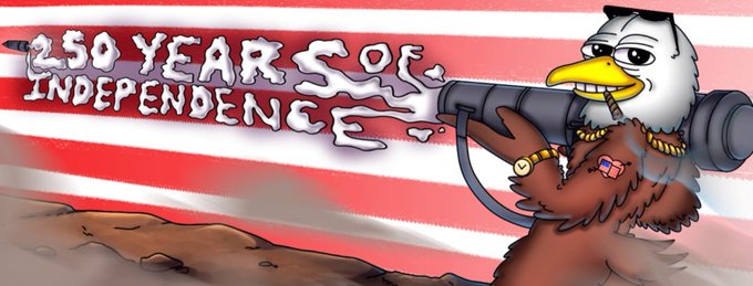 A cartoon bald eagle wearing gold chains and sunglasses stands triumphantly against a red and white striped background, firing a smoke trail that reads "250 YEARS OF INDEPENDENCE" — a patriotic graphic tying into the OLD ABE PFP collection's theme of reimagining the legendary Civil War mascot as an alpha-energy, meme-worthy, America-loving NFT on Ethereum.