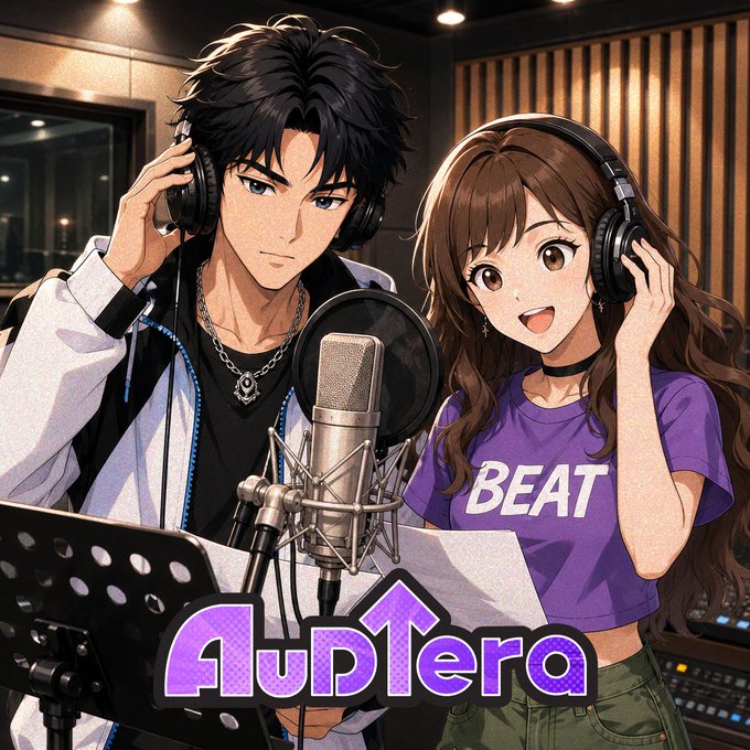 The image features a man wearing headphones and a woman with headphones, both holding microphones while standing in front of a microphone stand. They are likely recording a song or practicing for an upcoming performance. The background shows a studio setting with various equipment such as a computer monitor, keyboard, and speakers. The post is titled "Auderata" and includes the names of two people who have contributed to the creation of this music experience: @Kira_0x4154 & @Ray_0x4154.