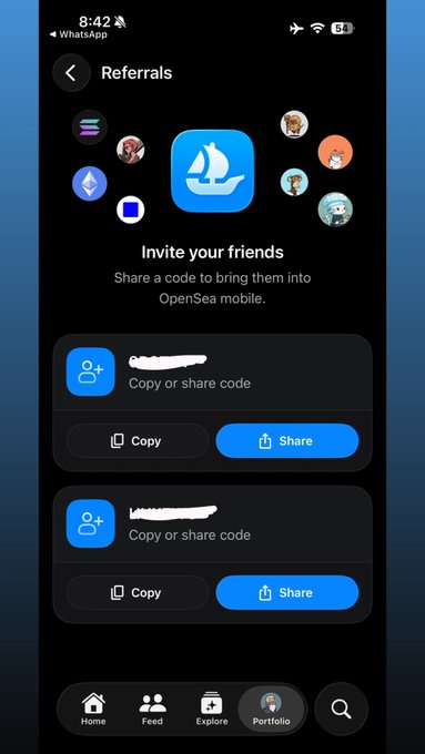 A mobile phone screenshot of the OpenSea app showing a 'Referrals' page that invites users to 'Share a code to bring them into OpenSea mobile,' with redacted referral codes and options to Copy or Share.