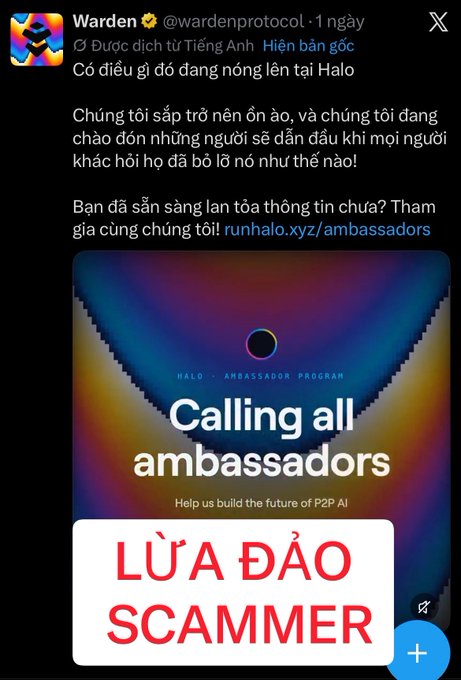 A Vietnamese social media post from Warden (@wardenprotocol) calling for ambassadors, overlaid with large red text reading 'LỪA ĐẢO SCAMMER' indicating a scam warning.