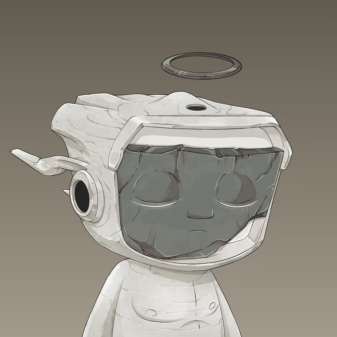 A digital illustration depicts a small, stylized character wearing a stone-like helmet with a halo floating above it, featuring a serene face carved into the gray stone.