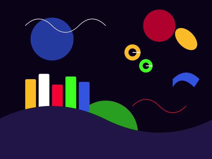 An abstract digital illustration featuring colorful geometric shapes including a blue circle, colored bars resembling an equalizer, and floating circles in red, yellow, and green on a dark blue background.