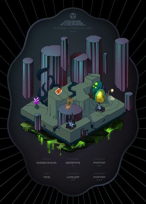 An illustrated map or poster for 'UNISON SHADOW - CHEMICAL GOD' featuring a dark, stylized isometric landscape with crystalline pillars, small creatures, and stats for bosses including 'RUGGED SHOVEL' and 'GRIMSTONE'.