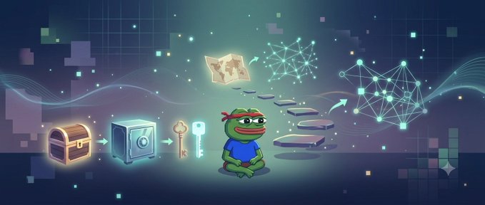 The image depicts a stylized Pepe the Frog character in a digital, blockchain-inspired environment, surrounded by icons representing a chest (security/savings), a safe (vault), and keys, with a glowing path leading to a neural network and NFT elements—symbolizing the journey of learning and comparing new concepts (like NFTs and crypto) to familiar ones (like safes and keys) to build understanding.
