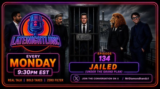 A promotional graphic for 'Late Night Lunc' Episode 134 titled 'Jailed (Under The Grand Plan)', airing every Monday at 9:30PM EST, featuring hosts including MrDiamondhandz1 on X.