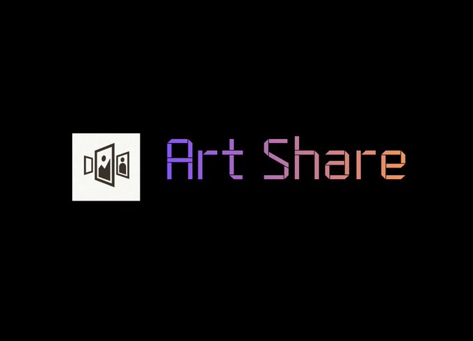A logo on a black background featuring a white box icon with open doors and figures, next to the text 'Art Share' in purple and pink gradient pixel font.