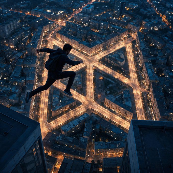 A figure leaps from a rooftop high above a sprawling city, framed by the glowing, intersecting lines of streets below that form an "X" pattern in the night. The image captures the bold, decisive moment of taking a leap, mirroring the post's message that every big move—and big opportunity—begins with one decisive step and doesn't wait.