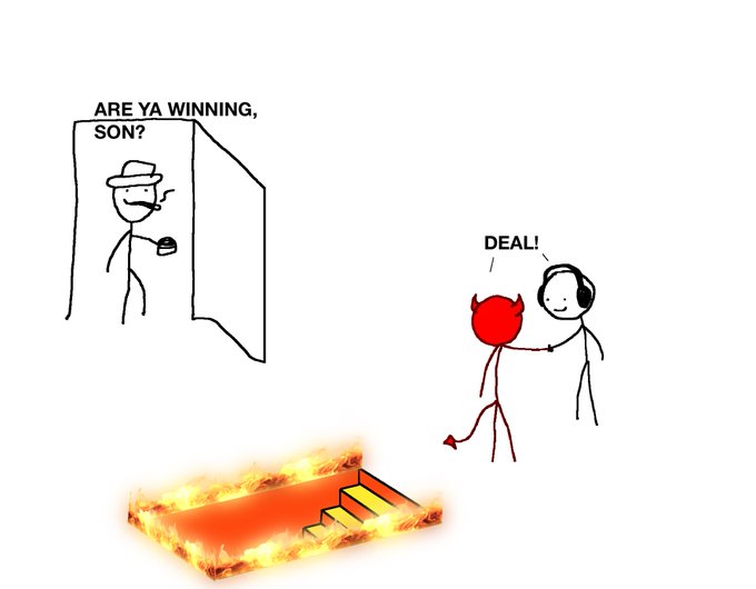 The image features a cartoon depiction of a man with a red devil head, holding a stick over another man's head who has a white beard. The scene takes place around a fire pit or fireplace, which appears to be burning brightly. In the background, there is a door and a window, suggesting that this might be an indoor setting like a living room or bedroom. The caption of the image reads "Son for Sol."