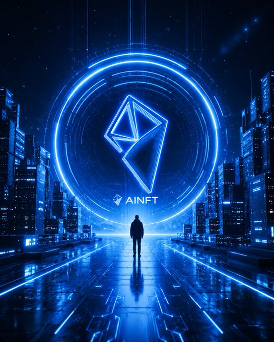 A lone figure stands before a glowing blue portal displaying the AINFT logo in a futuristic cityscape, symbolizing the gateway to cross-chain AI connectivity. The image visually represents the bridging of TRON and BNB Chain networks through AINFT's unified AI platform.