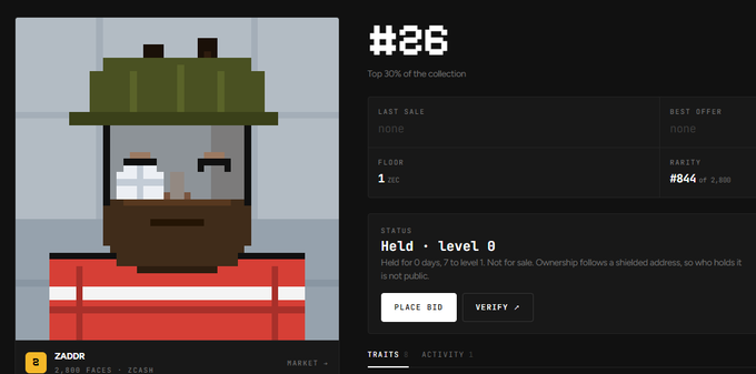 A NFT marketplace listing for pixel art character 'ZADDR' showing rank #26, Hold Level 0 status, and a floor price of 1 ETH.