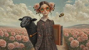 A surreal artwork of a young girl with pink flowers in her hair wearing yellow sunglasses, standing in a rose field with a sheep on a leash and holding a book.