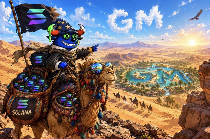 An AI-generated fantasy illustration featuring a blue-hooded character with horned sunglasses riding a camel, promoting 'SOLANA' cryptocurrency with the logo visible on a barrel and the word 'SOLAN' formed by an oasis in the desert.