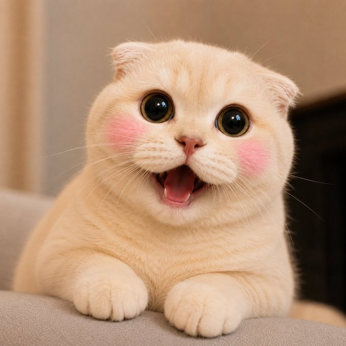 An adorable cream-colored Scottish Fold kitten with large, expressive eyes and pink cheeks sits with its mouth open in a happy expression, appearing to be smiling or meowing.