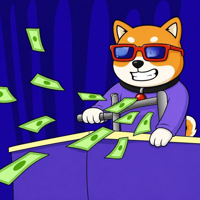 A cartoon Shiba Inu dog wearing red sunglasses and a purple shirt sits at a counter, tossing green dollar bills into the air—visually capturing the post's "Make it rain all day" sentiment in a fun, celebratory meme.