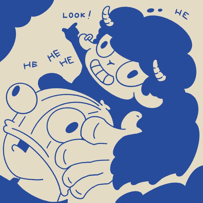 A blue and cream colored doodle-style illustration of a horned character laughing ("HE HE HE") and pointing ("LOOK!") at a snail-like creature.