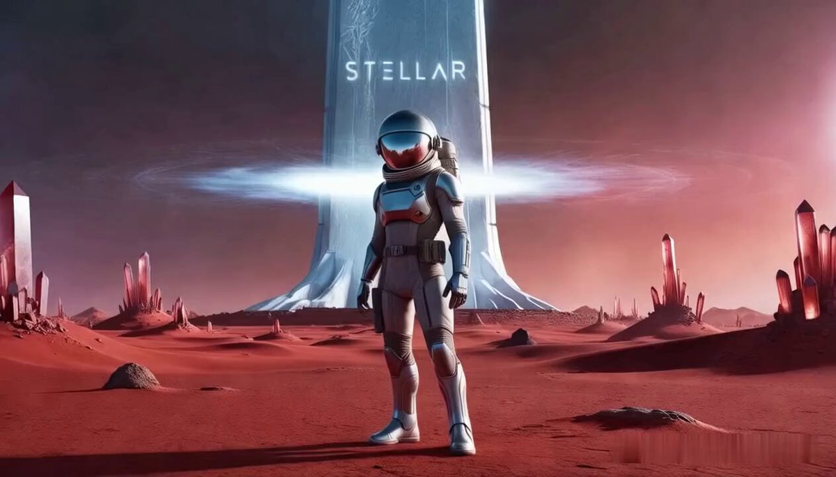 The image features an astronaut standing next to a tall tower with the word "Stellar" written on it. The astronaut appears to be wearing a helmet and has their arms crossed over their chest, giving them a commanding presence. The scene is set against a backdrop of red rocks and mountains, creating a striking contrast between the man-made structures and natural elements. The image also includes text that reads "This is the moment $XLM was built for." This suggests that the astronaut's position in front of the tower might be significant or symbolic, possibly representing a milestone or achievement related to the Starlink project.