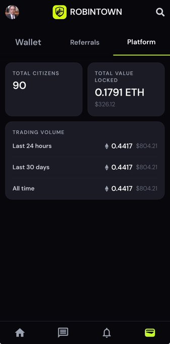 A mobile app screenshot of the ROBINTOWN platform's 'Platform' tab, showing 'TOTAL CITIZENS: 90', 'TOTAL VALUE LOCKED: 0.1791 ETH ($326.12)', and 'TRADING VOLUME' of 0.4417 ($804.21) for various time periods.