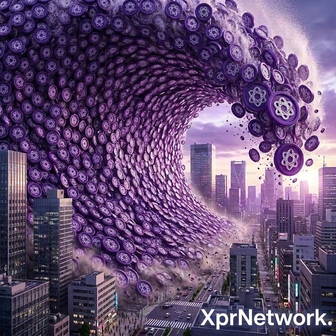 A promotional graphic for 'XprNetwork.' showing a massive wave made of purple circular tokens with atom symbols crashing over a modern cityscape at sunset.