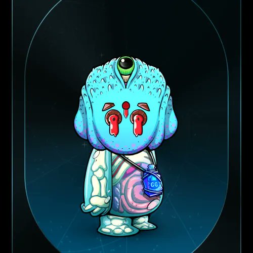 A digital collectible character known as Koda #7797, featuring a blue cartoon figure with a single eye, red tear markings, and a "GG" medallion, displayed within an arched frame.