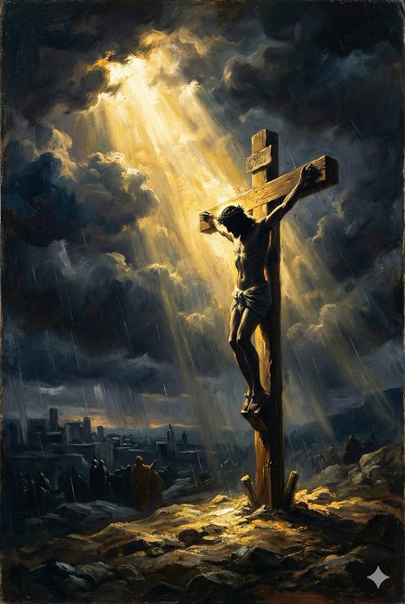 A dramatic baroque-style painting of the crucifixion of Jesus, illuminated by a divine light breaking through dark, stormy clouds.