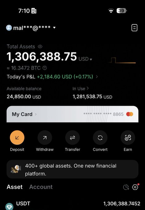 A cryptocurrency exchange account screenshot showing a total balance of 1,306,388.75 USD (≈16.3472 BTC) with a positive daily P&L of +2,184.60 USD (+0.17%), posted as flex to the question about needing money to solve problems.