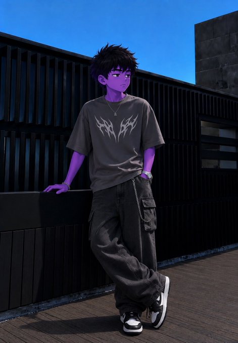 An illustrated anime-style character with purple skin, dark spiky hair, and a tribal-design t-shirt leans against a black railing in baggy cargo pants.