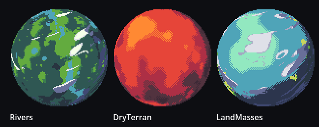 A pixel-art graphic showing three different planet types labeled 'Rivers' (green and blue), 'DryTerran' (orange and red), and 'LandMasses' (blue and teal).