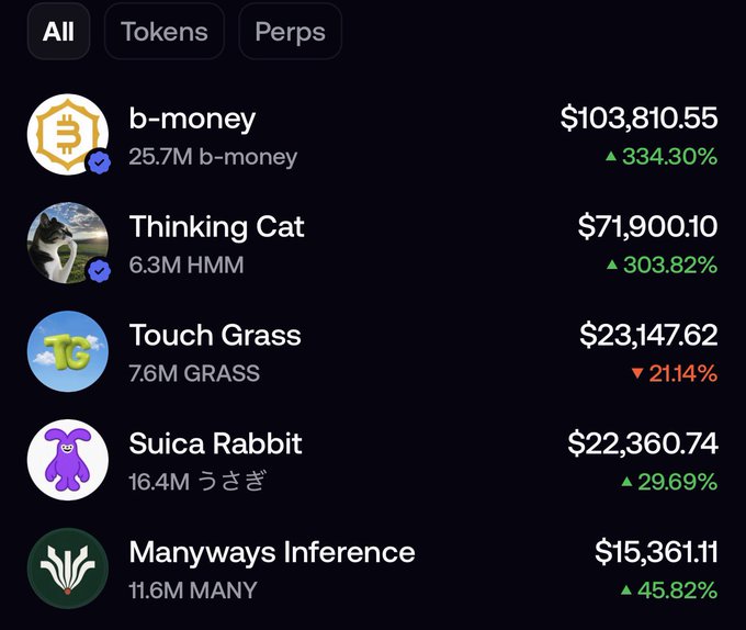 The image shows a cryptocurrency/asset portfolio dashboard displaying five holdings—b-money ($103,810.55, +334.30%), Thinking Cat/HMM ($71,900.10, +303.82%), Touch Grass/GRASS ($23,147.62, -21.14%), Suica Rabbit/うさぎ ($22,360.74, +29.69%), and Manyways Inference/MANY ($15,361.11, +45.82%)—with most assets showing significant gains despite one loss. The "All/Tokens/Perps" filter tabs and the post's caption reinforce a message of holding conviction regardless of short-term price volatility, particularly relevant given the mixed performance with both major winners and one notable loser on the board.
