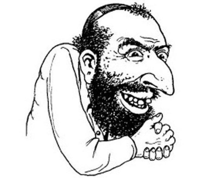 A black-and-white caricature drawing depicts a smiling man with a beard, large nose, and kippah, leaning forward with clasped hands.