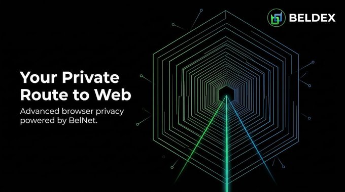 A promotional graphic with a black background featuring the text 'BELDEX', 'Your Private Route to Web', and 'Advanced browser privacy powered by BelNet' next to a geometric hexagonal tunnel design.