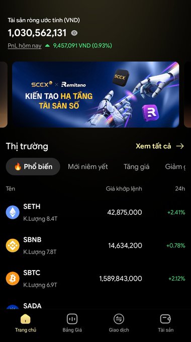Vietnamese crypto portfolio screen showing estimated net worth of 1,030,562,131 VND (up 0.93%), a SCCEX x Remitano banner, and market list including SETH, SBNB (+0.78%), and SBTC (+2.12%).