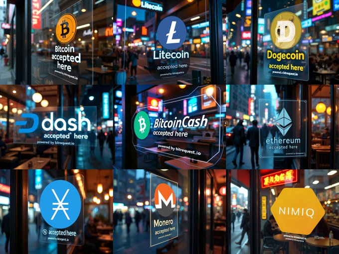 Collage of nine images showing cryptocurrency 'accepted here' stickers in various storefront windows, including Bitcoin, Litecoin, Dogecoin, Dash, Bitcoin Cash, Ethereum, Monero, and NIMIQ.