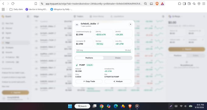 A trading interface on app.tryavant.ai displays a position for token '0x9eb43...' with a 24h PnL of +$233.67K (+24.20%) and a leverage of 1x on PUMP/USD.