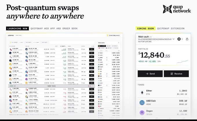 A screenshot showcasing 'quip.network' advertising 'Post-quantum swaps anywhere to anywhere,' featuring its launching web app interface alongside a coming soon portfolio extension.