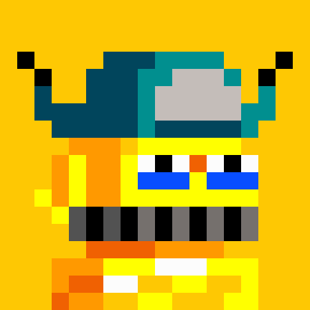 A 2D pixel art graphic of a character with teal hair, a yellow hat, and an orange and yellow outfit against a solid yellow background.