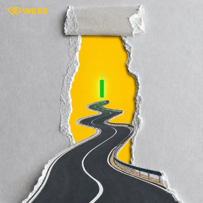 A torn paper effect reveals a winding road with a green trading candle stretching toward the horizon, set against a bright yellow background—visually evoking the volatility and journey of crypto markets. The "WEEX" logo appears in the top left, tying the imagery to the platform's prompt about watching crypto movements.