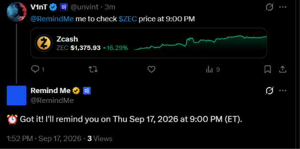 A Twitter post shows V1nT asking '@RemindMe me to check $ZEC price at 9:00 PM', with Zcash showing $1,375.93 (+16.29%) and a reminder set for Thu Sep 17, 2026.